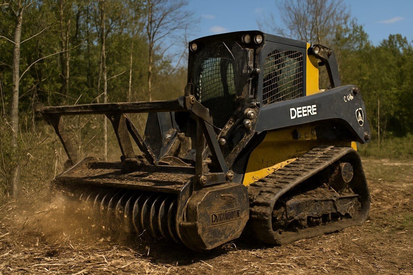 A John Deere 333G track loader with a drum mulcher grinding brush